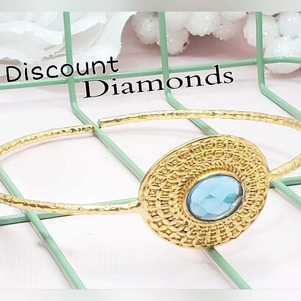 Oval Blue Apatite Quartz Bangle Bracelet 14K Yellow Gold on 925 Silver